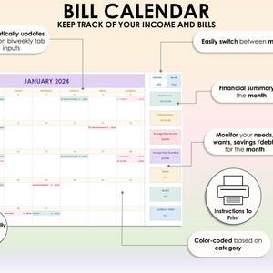 Op de afbeelding: Een printbare rekeningenkalender met een januari 2024-kalenderrooster, een sectie voor een financieel overzicht en een sectie voor het bijhouden van behoeften, wensen, besparingen en schulden. De kalender is kleurgecodeerd op basis van categorie en wordt automatisch bijgewerkt op basis van tweewekelijkse tabbladinvoer.