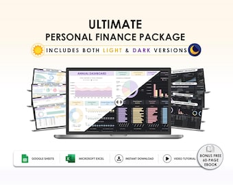 Ultimate Budget Spreadsheet, Google Sheets Excel, Personal Financial Planner, Debt Tracker, Net Worth, Bill Calendar, Light & Dark Mode