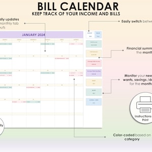 K&ouml;nnte beinhalten: Ein druckbarer Rechnungs-Kalender mit einem monatlichen Tab zum Verfolgen von Einnahmen und Rechnungen. Der Kalender ist farblich nach Kategorien sortiert und enth&auml;lt eine finanzielle Zusammenfassung f&uuml;r den Monat. Der Text auf dem Kalender lautet "BILL CALENDAR KEEP TRACK OF YOUR INCOME AND BILLS".