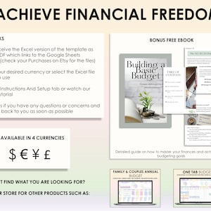 May include: Image promoting financial literacy with the text "ACHIEVE FINANCIAL FREEDOM." It includes a guide titled "Building a Basic Budget" and examples of budgeting templates. The image also shows the currency symbols: dollar, euro, yen, and pound.