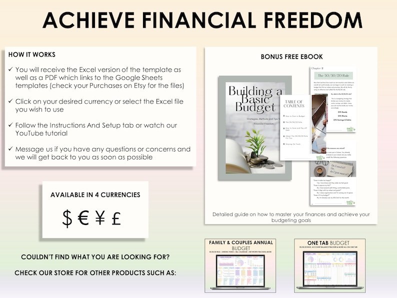May include: Image promoting financial literacy with the text "ACHIEVE FINANCIAL FREEDOM." It includes a guide titled "Building a Basic Budget" and examples of budgeting templates. The image also shows the currency symbols: dollar, euro, yen, and pound.