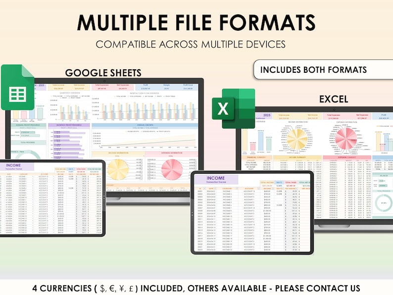 Op de afbeelding: Een screenshot met twee computerschermen waarop spreadsheets worden weergegeven in de formaten Google Sheets en Excel. De tekst "MULTIPLE FILE FORMATS" staat bovenaan de afbeelding. De tekst "COMPATIBLE ACROSS MULTIPLE DEVICES" staat onder de titel. De tekst "INCLUDES BOTH FORMATS" staat in een vakje rechtsboven in de afbeelding. De tekst "EXCEL" staat onder het vakje. De tekst "4 CURRENCIES ($, &euro;, &yen;, &pound;) INCLUDED, OTHERS AVAILABLE - PLEASE CONTACT US" staat onderaan de afbeelding.