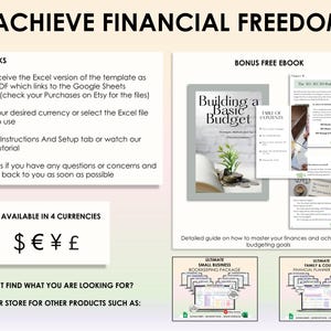 Op de afbeelding: Een digitale productvermelding voor een financi&euml;le planningssjabloon. De afbeelding toont een kleurrijke afbeelding met de tekst "Financi&euml;le vrijheid bereiken" en een beschrijving van de productkenmerken. Het product is beschikbaar in vier valuta's: Amerikaanse dollar, euro, yen en Brits pond. De afbeelding bevat ook een gratis bonus-e-book met de titel "Een basisbudget maken".