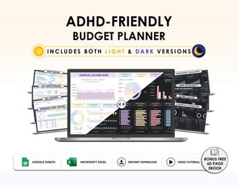 ADHD Friendly Budget Planner, Google Sheets Excel Spreadsheet, Annual Budget Template, Bill Tracker, Debt Tracker, Net Worth, Dark Mode