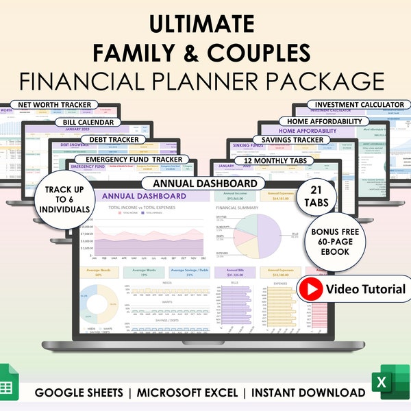 Годовой бюджет семьи и пары. Google Таблицы Excel. Ежемесячный двухнедельный бюджетный трекер. Календарь счетов. Трекер долга. Трекер 50/30/20.