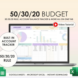 Könnte beinhalten: Ein Laptop-Bildschirm zeigt eine Tabellenkalkulation mit einer 50/30/20-Budgetvorlage. Die Tabellenkalkulation enthält einen integrierten Konto-Tracker, eine 50/30/20-Regel und ein Video-Tutorial. Die Tabellenkalkulation ist kompatibel mit Google Sheets und Microsoft Excel. Der Text "JANUARY 2024" ist in der oberen linken Ecke der Tabellenkalkulation sichtbar.