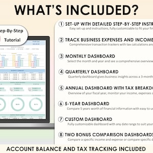 Op de afbeelding: Een laptopscherm waarop een spreadsheet met grafieken en diagrammen te zien is. De tekst "WHAT'S INCLUDED?" staat bovenaan de afbeelding. De tekst "ACCOUNT BALANCE AND TAX TRACKING INCLUDED" staat onderaan de afbeelding. De afbeelding somt acht functies op van een business expense tracker, waaronder installatie-instructies, maandelijkse en driemaandelijkse dashboards, en een 5-jarig dashboard.
