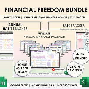 May include: A digital Financial Freedom Bundle graphic with the text "Financial Freedom Bundle". It includes Habit Tracker, Ultimate Personal Finance Package, and Task Tracker. Features include a 60-page ebook, video tutorial, and 25% savings.