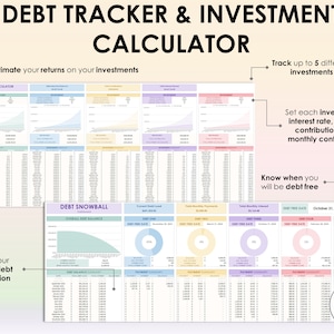 May include: A digital financial planner with the title "DEBT TRACKER & INVESTMENT CALCULATOR." The planner allows users to track up to 20 debts and 5 investments. Features include investment return estimation and debt snowball analysis.