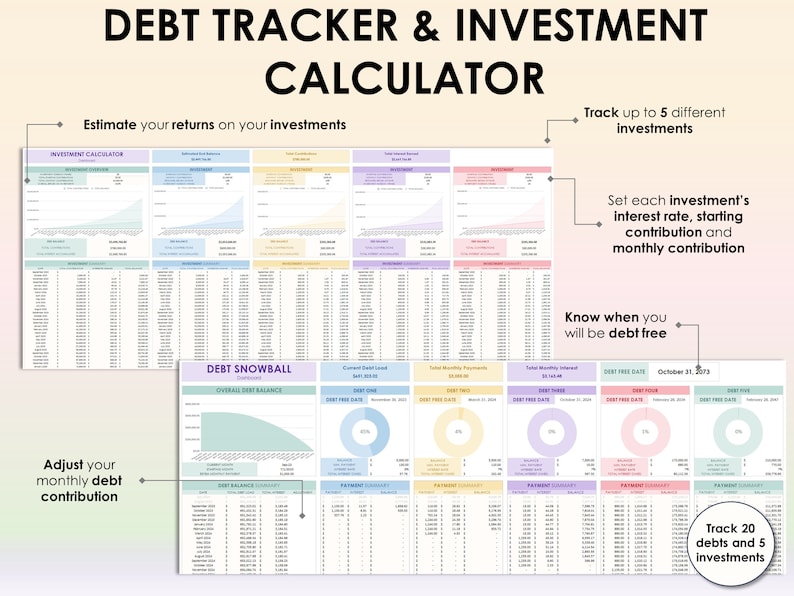 May include: A digital financial planner with the title "DEBT TRACKER & INVESTMENT CALCULATOR." The planner allows users to track up to 20 debts and 5 investments. Features include investment return estimation and debt snowball analysis.
