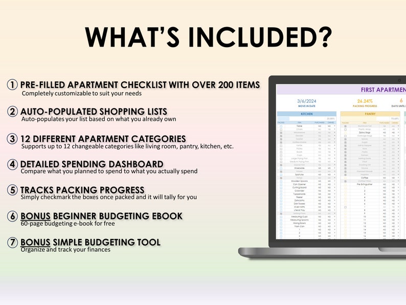 First Apartment Checklist Google Sheets Excel Moving Checklist Moving Planner Packing List Checklist Printable Moving Budget Shopping List image 2