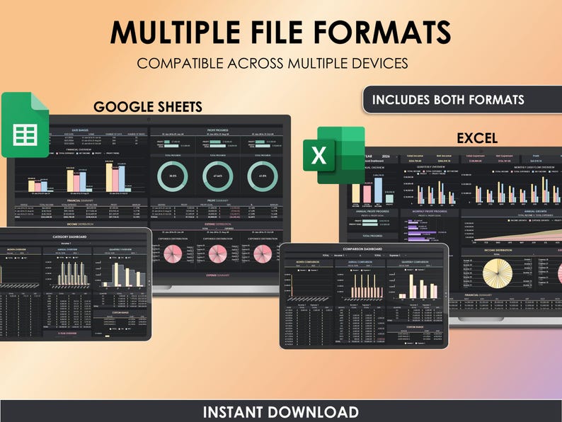 May include: Digital financial dashboards for Google Sheets and Excel, displayed on multiple screens. The image shows charts, graphs, and data visualizations in a dark theme. Text includes "Multiple File Formats" and "Instant Download."