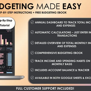 Puede incluir: Una pantalla de port&aacute;til muestra un panel de control de presupuesto con gr&aacute;ficos. El texto en la parte superior dice "Budgeting Made Easy". Una barra lateral enumera caracter&iacute;sticas como paneles anuales, c&aacute;lculos autom&aacute;ticos y un libro electr&oacute;nico de presupuesto. Tambi&eacute;n se menciona un tutorial de YouTube.