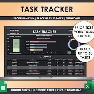 May include: A laptop screen displays a task tracker with the title "TASK TRACKER". The screen shows a decision matrix, task breakdown, and progress indicators. Text on the screen includes "Prioritizes Your Tasks For You" and "Track Up To 60 Tasks". The bottom of the screen shows Google Sheets and Microsoft Excel icons.