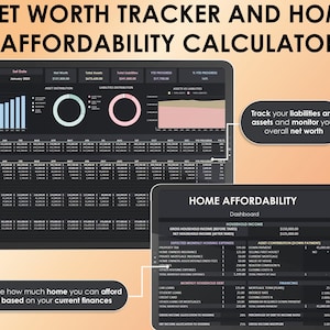 Puede incluir: Panel financiero digital con el texto "NET WORTH TRACKER AND HOME AFFORDABILITY CALCULATOR". El panel muestra gr&aacute;ficos y tablas de datos para el patrimonio neto, la distribuci&oacute;n de activos y la asequibilidad de la vivienda. Las burbujas de texto dicen: "Realice un seguimiento de sus pasivos y activos y controle su patrimonio neto general" y "Vea cu&aacute;nta casa puede pagar seg&uacute;n sus finanzas actuales."