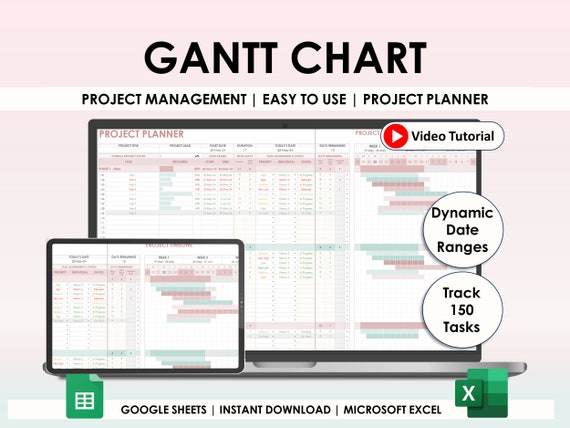 Project Planner Gantt Chart Google Sheets Excel Spreadsheet Project Management Automated Project Timeline Business Task Tracker Template