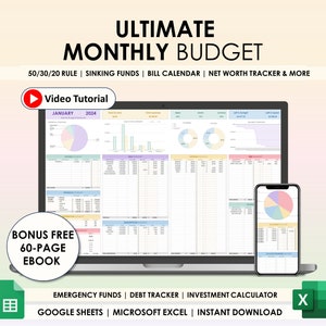 Puede incluir: Un portátil y un teléfono inteligente muestran una hoja de cálculo de presupuesto colorida con gráficos y diagramas. El texto en la pantalla dice "JANUARY 2024". La imagen también incluye el texto "ULTIMATE MONTHLY BUDGET", "50/30/20 RULE | SINKING FUNDS | BILL CALENDAR | NET WORTH TRACKER & MORE", "BONUS FREE 60-PAGE EBOOK", "EMERGENCY FUNDS | DEBT TRACKER | INVESTMENT CALCULATOR", "GOOGLE SHEETS | MICROSOFT EXCEL | INSTANT DOWNLOAD".