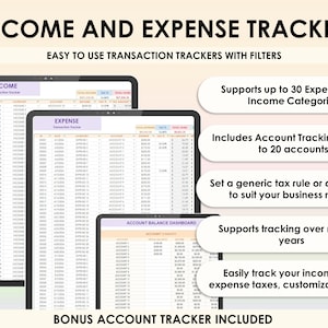 Op de afbeelding: Een screenshot van een computerscherm waarop een spreadsheetprogramma wordt weergegeven met de titel "Inkomsten- en uitgaven trackers". De spreadsheet is onderverdeeld in drie secties: Inkomsten, Uitgaven en Saldo-dashboard van de rekening. De spreadsheet bevat kolommen voor datum, transactie, categorie, rekening en bedrag. De tekst "Eenvoudig te gebruiken transactietrackers met filters" wordt bovenaan het scherm weergegeven. De tekst "Ondersteunt maximaal 30 uitgaven- en inkomstencategorie&euml;n", "Omvat rekeningtracking met maximaal 20 rekeningen", "Stel een algemene belastingregel in of pas deze aan om te voldoen aan de behoeften van uw bedrijf", "Ondersteunt tracking over meerdere jaren", "Volg eenvoudig uw inkomsten- en uitgavenbelastingen, aanpasbare belasting %", en "Bonus-rekeningtracker inbegrepen" wordt aan de rechterkant van het scherm weergegeven.