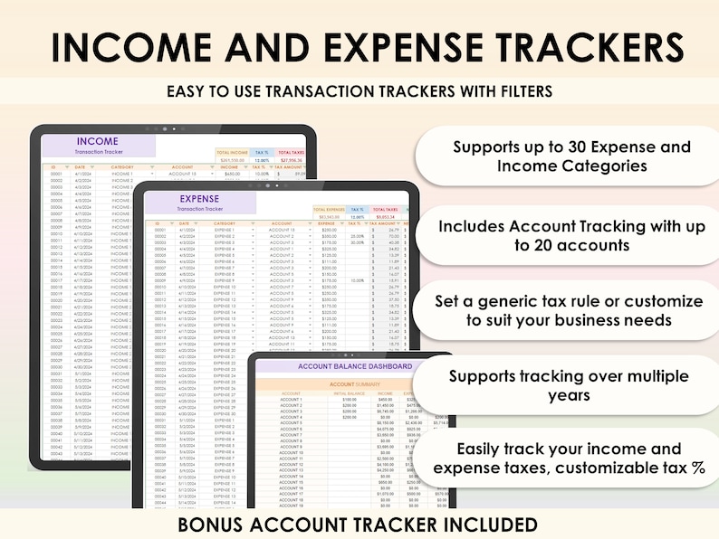Op de afbeelding: Een screenshot van een computerscherm waarop een spreadsheetprogramma wordt weergegeven met de titel "Inkomsten- en uitgaven trackers". De spreadsheet is onderverdeeld in drie secties: Inkomsten, Uitgaven en Saldo-dashboard van de rekening. De spreadsheet bevat kolommen voor datum, transactie, categorie, rekening en bedrag. De tekst "Eenvoudig te gebruiken transactietrackers met filters" wordt bovenaan het scherm weergegeven. De tekst "Ondersteunt maximaal 30 uitgaven- en inkomstencategorie&euml;n", "Omvat rekeningtracking met maximaal 20 rekeningen", "Stel een algemene belastingregel in of pas deze aan om te voldoen aan de behoeften van uw bedrijf", "Ondersteunt tracking over meerdere jaren", "Volg eenvoudig uw inkomsten- en uitgavenbelastingen, aanpasbare belasting %", en "Bonus-rekeningtracker inbegrepen" wordt aan de rechterkant van het scherm weergegeven.