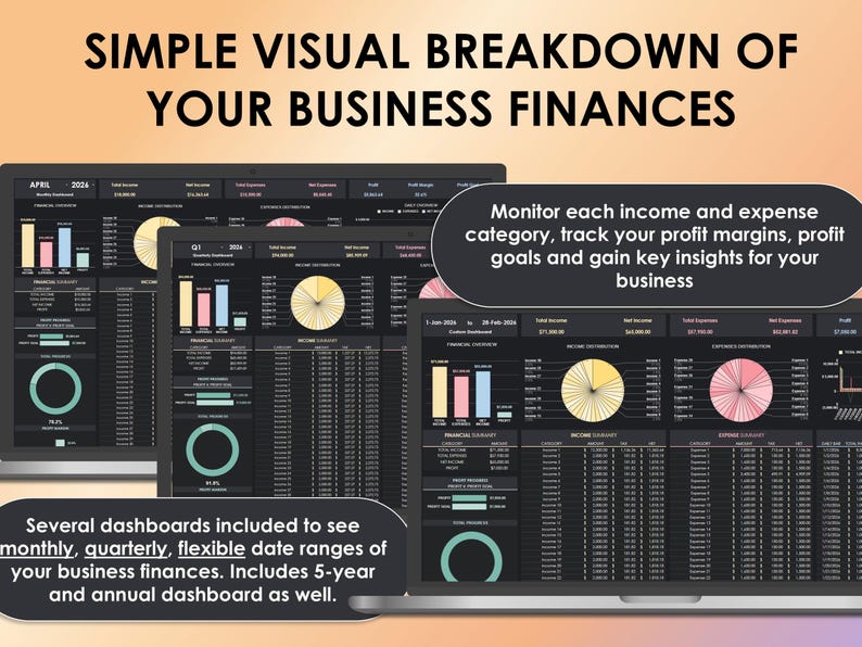 May include: A digital display showing financial dashboards with charts and data tables. The text reads "SIMPLE VISUAL BREAKDOWN OF YOUR BUSINESS FINANCES." Includes text: "Monitor each income and expense category..." and "Several dashboards included to see monthly..."