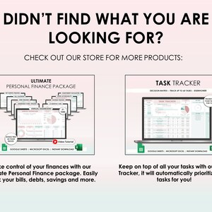 May include: Two digital product mockups on a pink and white background. The first mockup shows a spreadsheet with the text "Ultimate Personal Finance Package". The second mockup shows a spreadsheet with the text "Task Tracker".