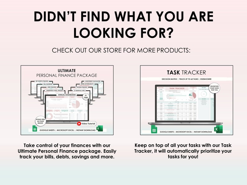 May include: Two digital product mockups on a pink and white background. The first mockup shows a spreadsheet with the text "Ultimate Personal Finance Package". The second mockup shows a spreadsheet with the text "Task Tracker".