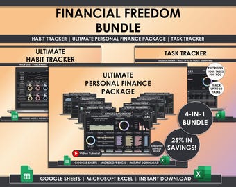 Årligt budgetark | Google Sheets och Excel | Månadslönebudgetplanerare, skuldspårare, fakturakalender, paket med 50/30/20 mörkt läge
