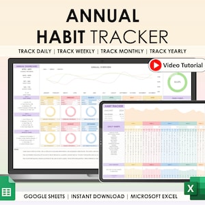 Tracker delle abitudini annuali Fogli Google Modello di foglio di calcolo Excel Planner annuale delle abitudini Settimanale Mensile Annuale Pianificatore degli obiettivi Routine delle abitudini Digitale