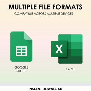 Może przedstawiać: Grafika przedstawiająca dwie ikony arkusza kalkulacyjnego, jedną dla Google Sheets, a drugą dla Excela. Tekst "MULTIPLE FILE FORMATS" znajduje się w g&oacute;rnej części obrazu, a tekst "COMPATIBLE ACROSS MULTIPLE DEVICES" znajduje się poniżej. Tekst "INSTANT DOWNLOAD" znajduje się w dolnej części obrazu.