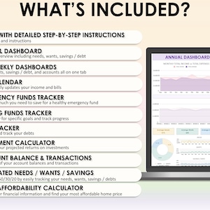 Op de afbeelding: Een laptopscherm dat een budgetteringsspreadsheet weergeeft met een lijst van functies, waaronder een installatie met gedetailleerde stap-voor-stap instructies, een jaarlijks dashboard, 26 tweewekelijkse dashboards, een factuurkalender, een noodfonds tracker, een spaarfonds tracker, een schulden tracker, een investeringscalculator, een saldo- en transactietracker, een ge&iuml;ntegreerde behoeften-, wensen- en spaar tracker, en een woning betaalbaarheid calculator. De spreadsheet is ontworpen in een pastelkleurenschema met paarse, roze en blauwe accenten.