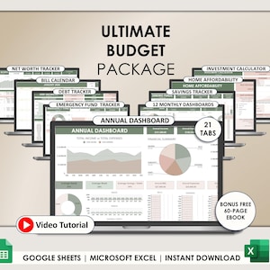 Pode incluir: Um pacote de orçamento digital exibido em várias telas de laptop. O pacote inclui rastreadores de patrimônio líquido, contas, dívidas e fundos de emergência. O texto "ULTIMATE BUDGET PACKAGE" está no topo. Inclui um tutorial em vídeo e um e-book gratuito de 60 páginas.
