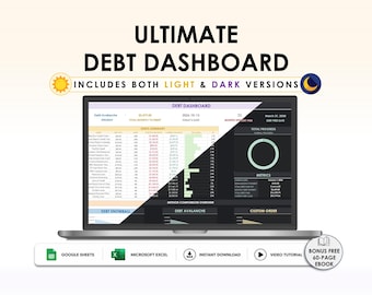 Debt Dashboard Spreadsheet, Google Sheets Excel Debt Payoff Tracker, Debt Snowball Avalanche Planner, Light & Dark Mode
