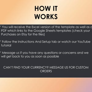 May include: A graphic with the text "HOW IT WORKS" on a gradient background. The text explains how to receive the template, including Excel and PDF versions, and how to access instructions and support. It also mentions custom orders.
