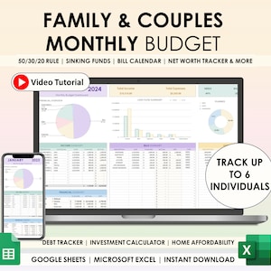 Family And Couple Monthly Budget Google Sheets Excel Spreadsheet Weekly Biweekly Budget Tracker Bill Calendar Debt Tracker 50 30 20 Budget