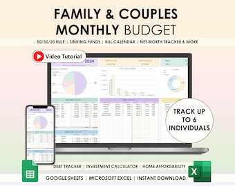 Familie und Paar Monatliches Budget Google Sheets Excel-Arbeitsblatt Wöchentlich zweiwöchentlich Budget Tracker Rechnungskalender Debt Tracker 50 30 20 Budget