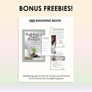 May include: A free budgeting ebook titled "Building a Basic Budget" with a table of contents and a green plant on the cover. The ebook is a detailed guide on how to master your finances and achieve your budgeting goals.