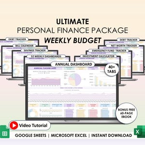 以下が含まれることがあります： 複数のラップトップに表示されたデジタル個人金融パッケージ。画像には「ULTIMATE PERSONAL FINANCE PACKAGE WEEKLY BUDGET」というテキストが表示され、負債、貯蓄、純資産の追跡用のダッシュボードが含まれています。追加のテキストには、「40+ TABS」、「Video Tutorial」、「GOOGLE SHEETS | MICROSOFT EXCEL | INSTANT DOWNLOAD」が含まれています。