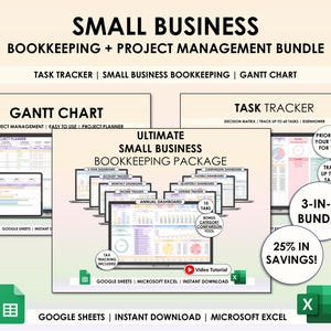 Spreadsheetplanner kleine bedrijven Google Spreadsheets Excel Projectbeheer Taaktracker Gantt-diagram Boekhoudsjabloonbundel