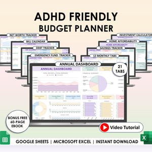 May include: A digital budget planner for Google Sheets and Microsoft Excel titled ADHD Friendly Budget Planner. It features multiple laptop screens displaying financial trackers, an annual dashboard, 21 tabs, a video tutorial, and a bonus 60-page ebook.