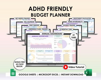 ADHD Budget Spreadsheet, Google Sheets Excel Budget Planner, Annual Budget Template, Bill Tracker, Debt Tracker, Net Worth Tracker