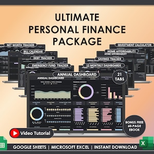 May include: An image displaying a personal finance package labelled "ULTIMATE PERSONAL FINANCE PACKAGE." It includes trackers for net worth, bills, and debt, plus a video tutorial and a 60-page ebook. Compatible with Google Sheets and Microsoft Excel. The image shows various dashboards.