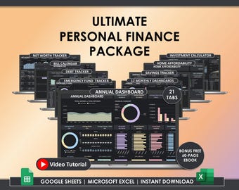 Ultimat årligt månadsbudget Google Sheets Excel-kalkylbladsmall Budgetspårare Finansiell planerare Fakturaspårare Skuldspårare Mörkt läge