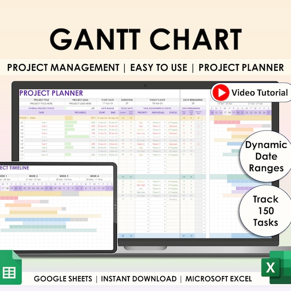 Gantt Chart Google Sheets Excel Spreadsheet Project Planner Project Management Automated Project Timeline Business Template Task Tracker