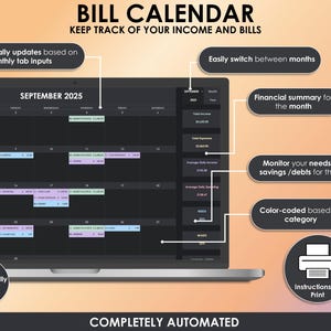 Puede incluir: Una pantalla de port&aacute;til muestra un calendario de facturas para septiembre de 2025. El calendario est&aacute; codificado por colores e incluye funciones para el seguimiento de ingresos, facturas y res&uacute;menes financieros. El texto incluye "CALENDARIO DE FACTURAS".