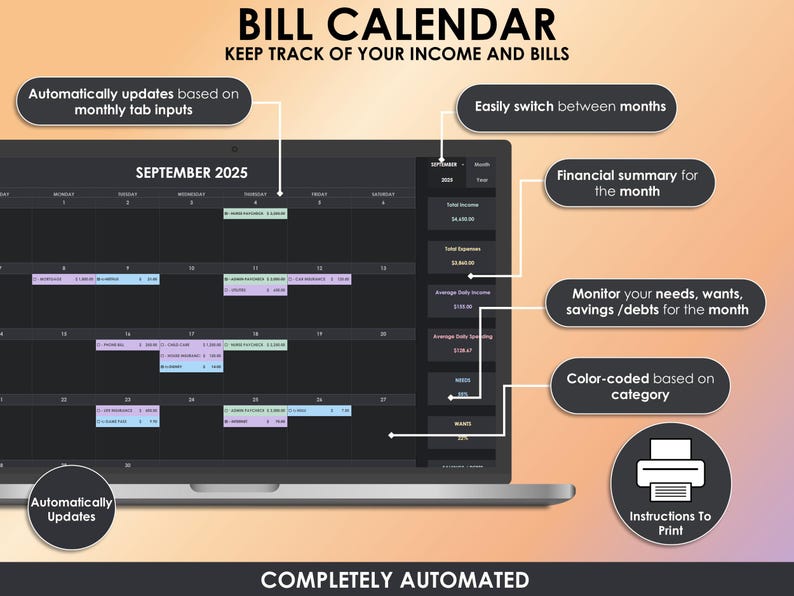 Puede incluir: Una pantalla de port&aacute;til muestra un calendario de facturas para septiembre de 2025. El calendario est&aacute; codificado por colores e incluye funciones para el seguimiento de ingresos, facturas y res&uacute;menes financieros. El texto incluye "CALENDARIO DE FACTURAS".