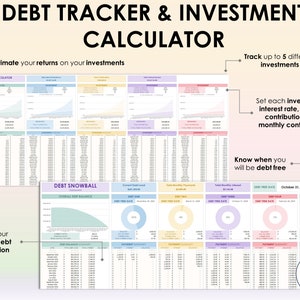 K&ouml;nnte beinhalten: Ein druckbares Arbeitsblatt zur Verfolgung von Schulden und Investitionen. Das Arbeitsblatt ist in Abschnitte unterteilt, um bis zu 5 verschiedene Investitionen, 20 Schulden und eine Schneeballmethode f&uuml;r Schulden zu verfolgen. Das Arbeitsblatt enth&auml;lt Diagramme und Grafiken, um den Fortschritt zu visualisieren.