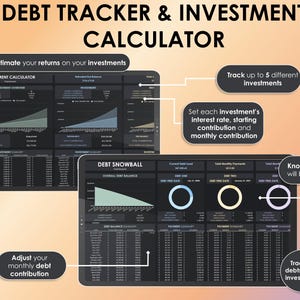 Puede incluir: Una herramienta digital de planificaci&oacute;n financiera titulada "DEBT TRACKER & INVESTMENT CALCULATOR". La interfaz muestra funciones de seguimiento de inversiones y deudas, incluyendo gr&aacute;ficos y tablas de datos. El texto incluye "Estime sus rendimientos", "Realice un seguimiento de hasta 5 inversiones" y "Sepa cu&aacute;ndo estar&aacute; libre de deudas".