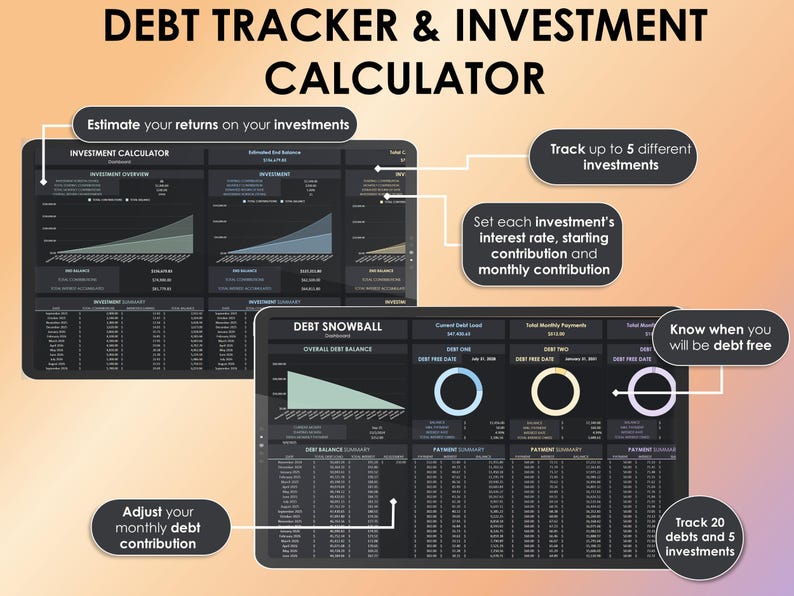 Puede incluir: Una herramienta digital de planificaci&oacute;n financiera titulada "DEBT TRACKER & INVESTMENT CALCULATOR". La interfaz muestra funciones de seguimiento de inversiones y deudas, incluyendo gr&aacute;ficos y tablas de datos. El texto incluye "Estime sus rendimientos", "Realice un seguimiento de hasta 5 inversiones" y "Sepa cu&aacute;ndo estar&aacute; libre de deudas".