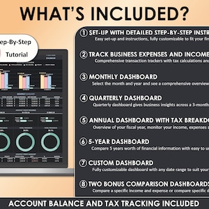 May include: A computer screen displays a financial dashboard with charts and data. Text includes "WHAT'S INCLUDED?" and details on setup, tracking expenses, monthly and quarterly dashboards, and tax breakdowns. A YouTube tutorial is also mentioned.