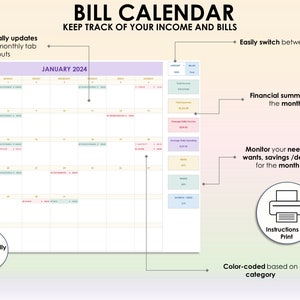 May include: A digital bill calendar for January 2024, with color-coded categories and financial summaries. The calendar automatically updates based on monthly tab inputs. It includes instructions to print and monitors needs, wants, savings, and debts.